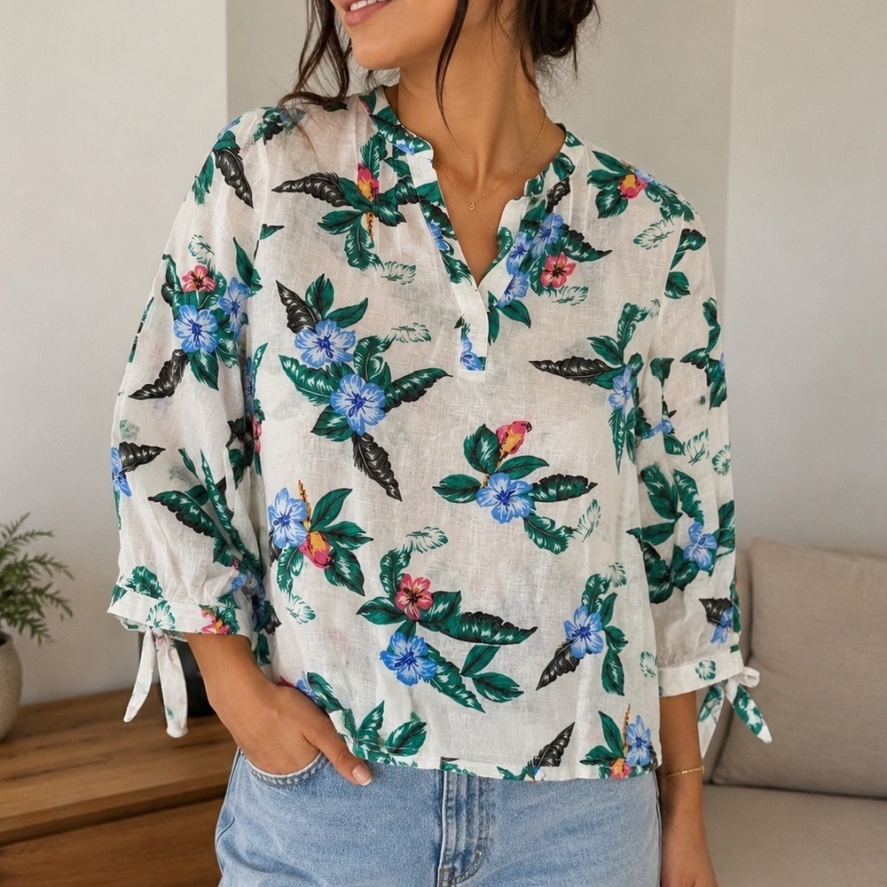 Old Navy Tropical Floral Linen Blend Blouse Split Neck Tie Sleeve Top Large dd